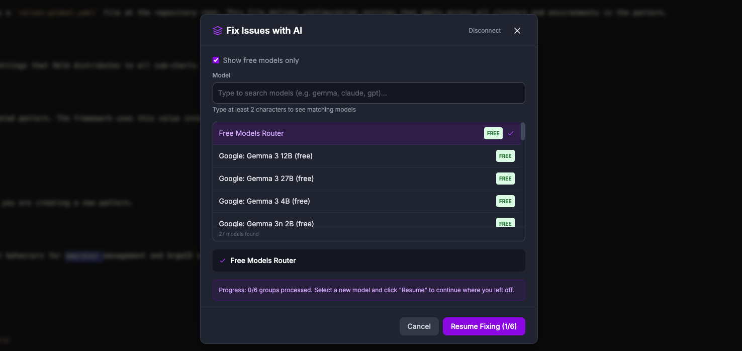 Model selection in AI Fix: search OpenRouter models and pick one for your session