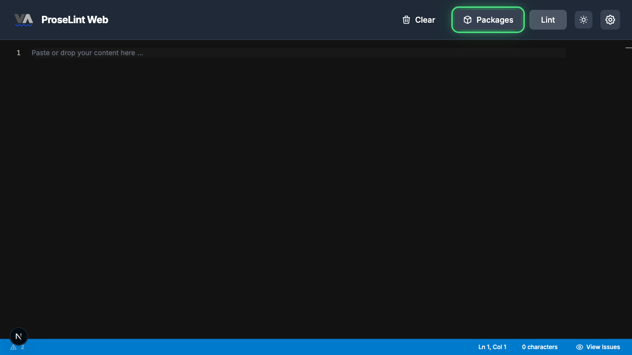Clean editor with the Packages button highlighted