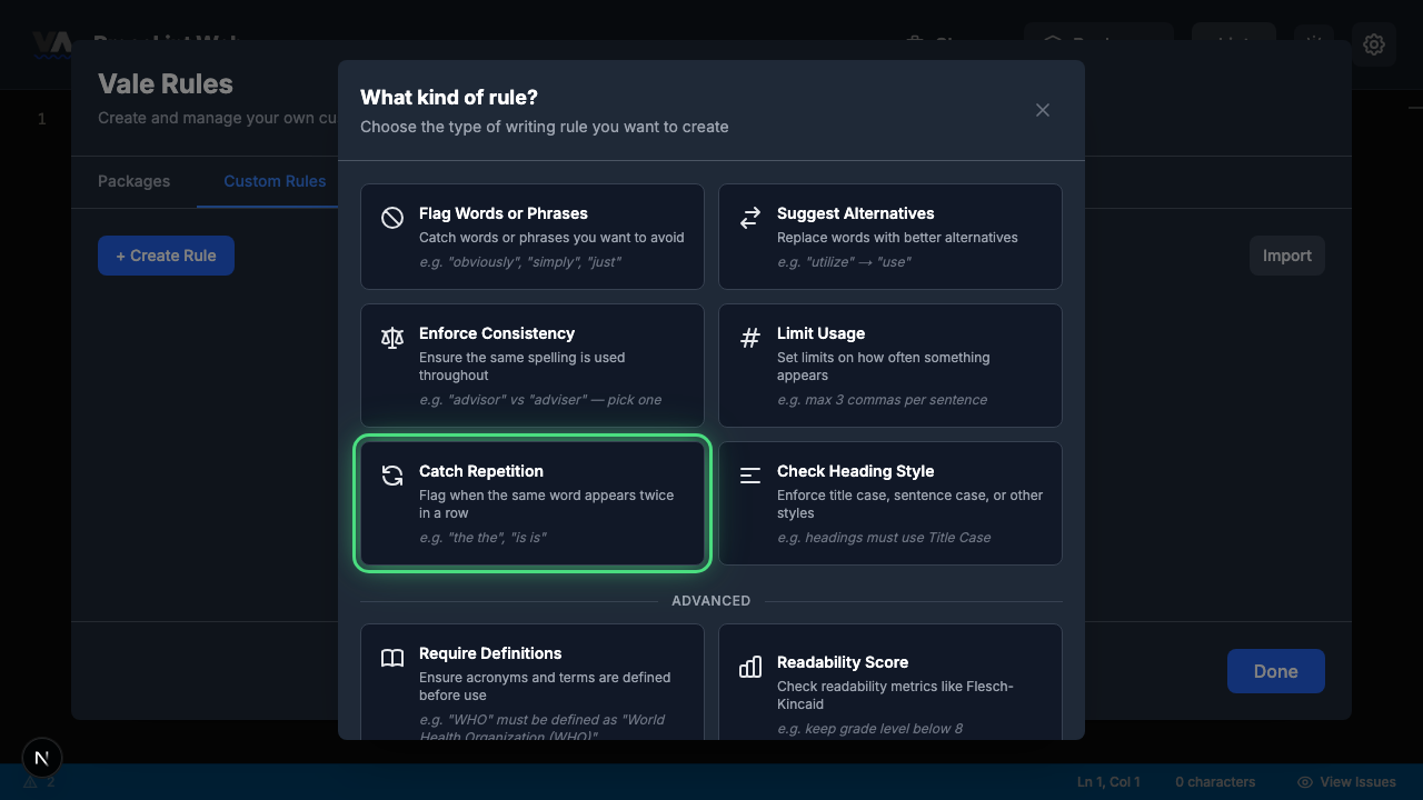 Rule type picker with Catch Repetition highlighted