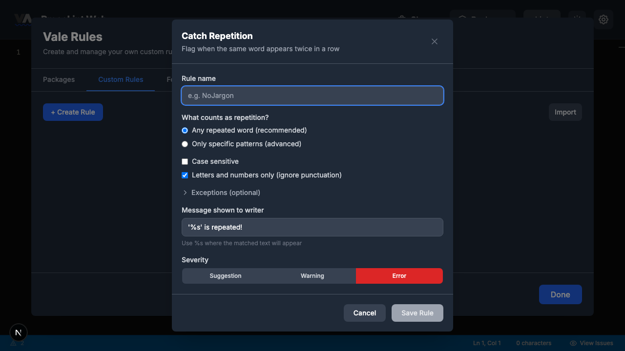 Empty Catch Repetition rule builder form