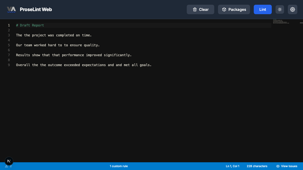 Editor with sample text containing repeated words
