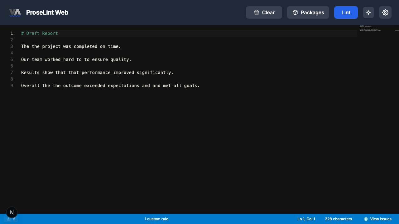 Issues panel showing all repeated-word errors