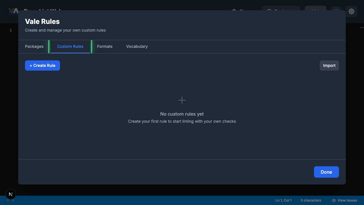 Packages modal with the Custom Rules tab highlighted