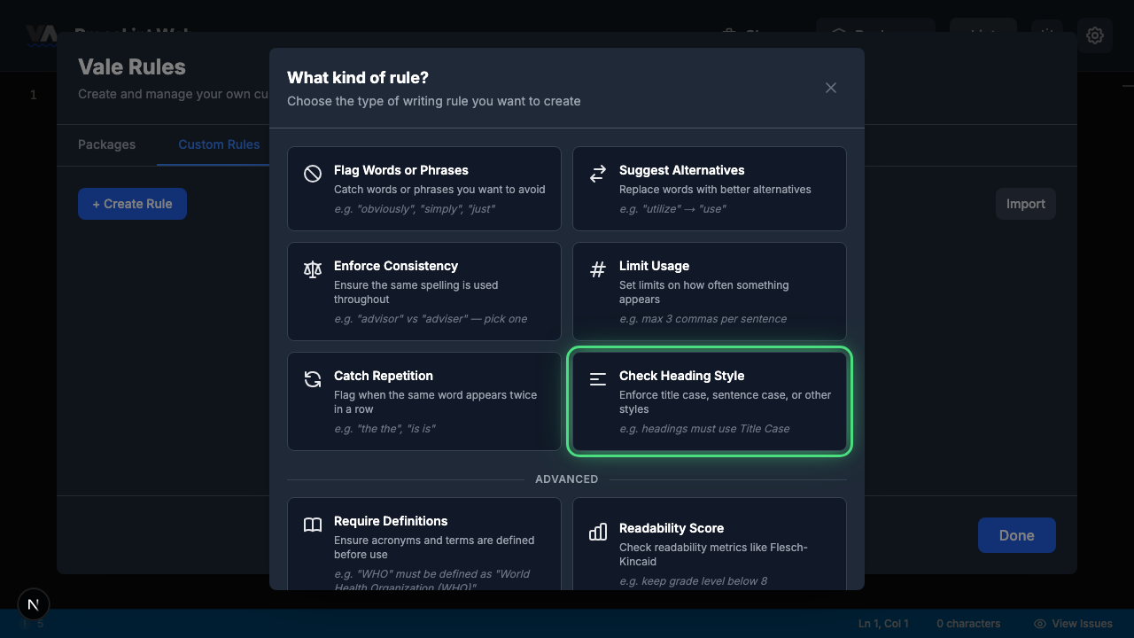 Rule type picker with Check Heading Style highlighted
