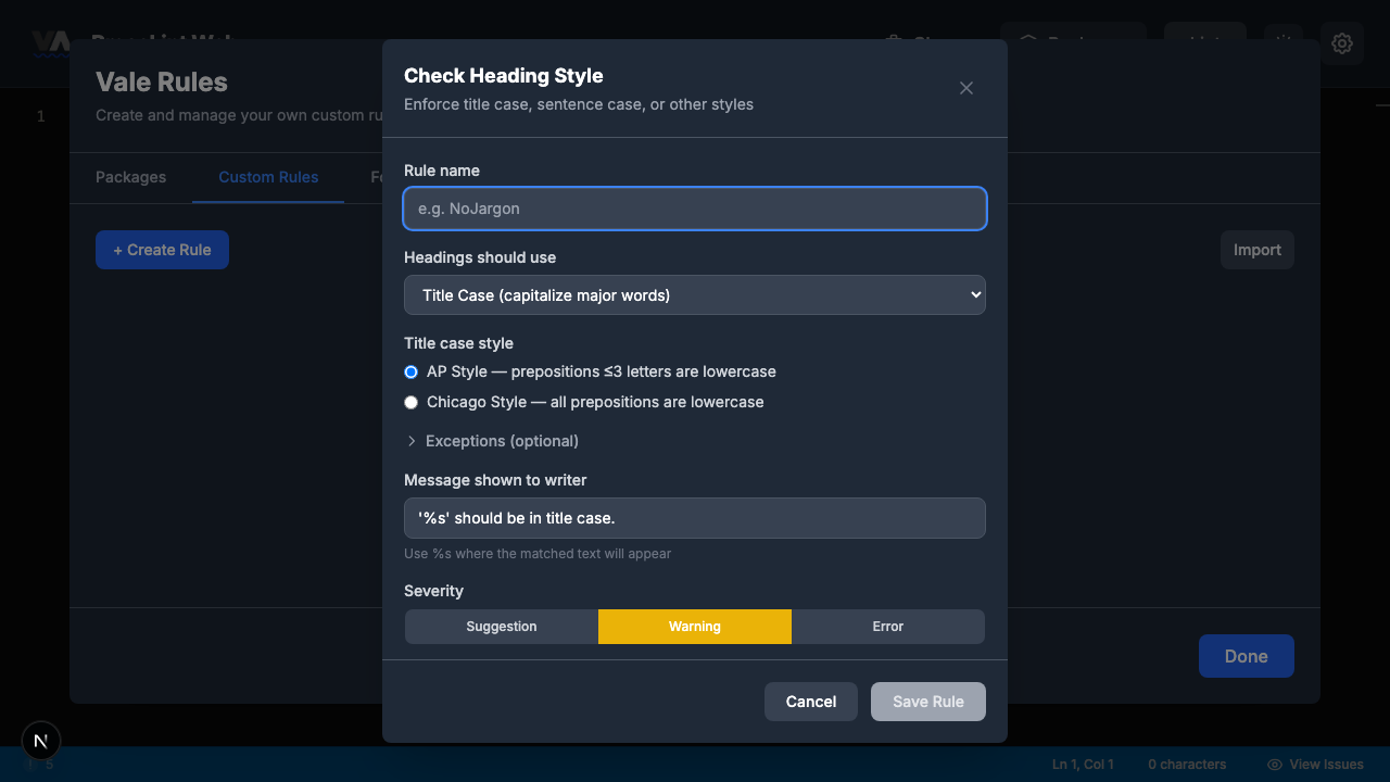 Empty Check Heading Style rule builder form