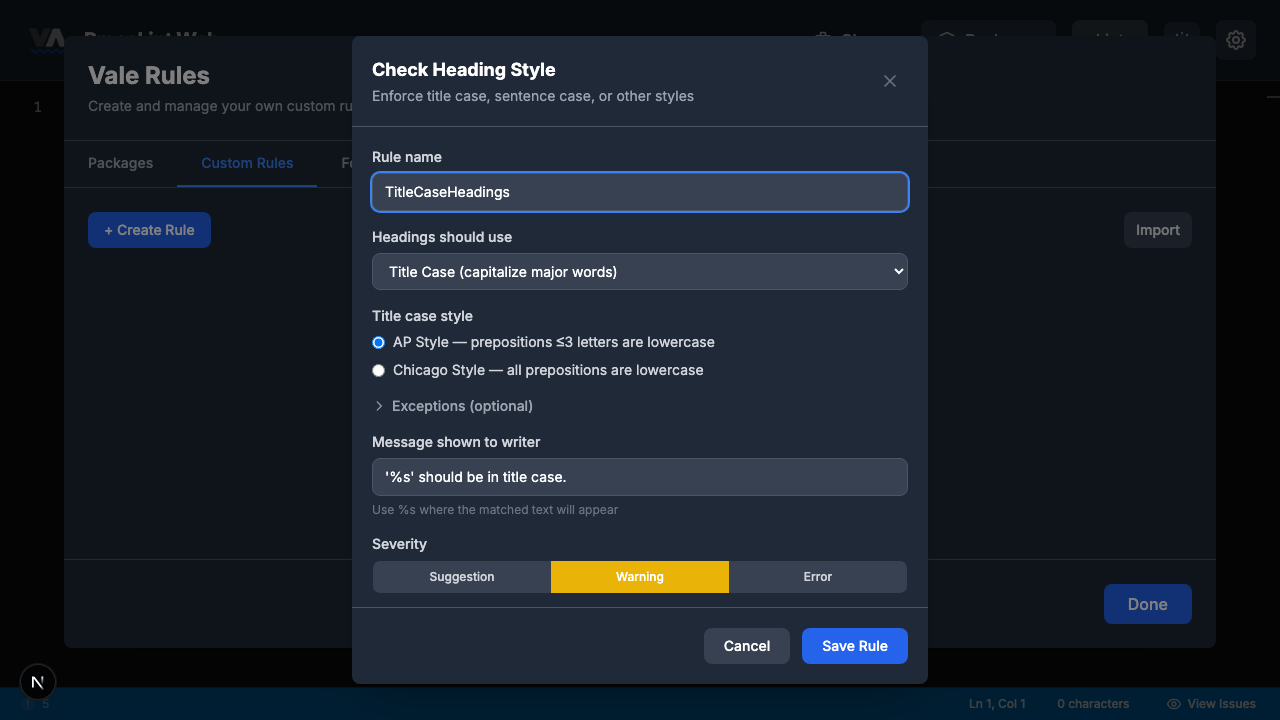 Filled rule builder for TitleCaseHeadings