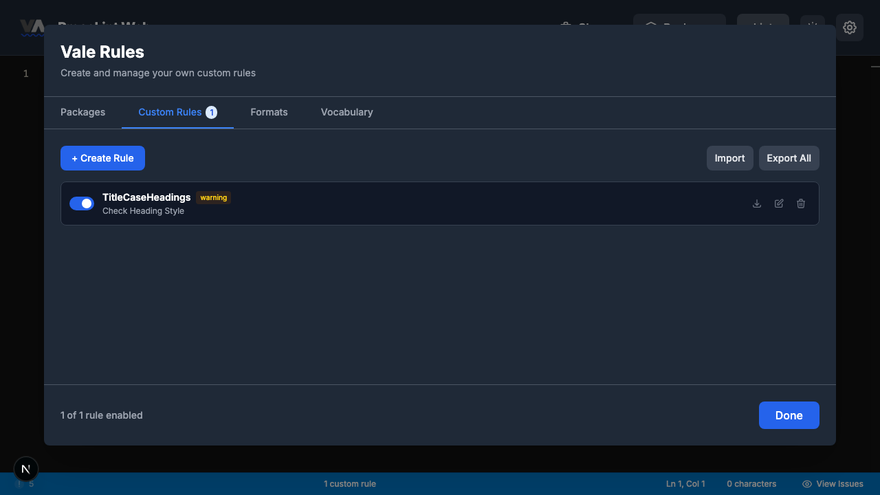 Custom Rules tab showing saved TitleCaseHeadings rule