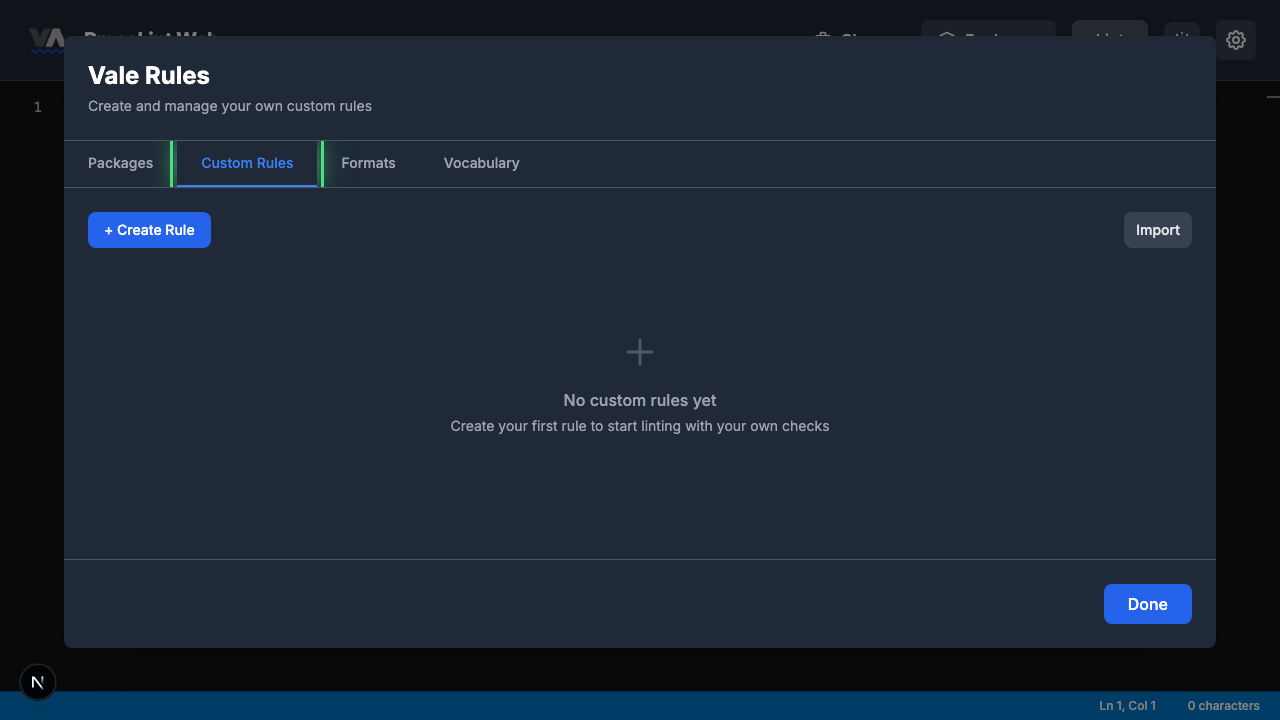 Packages modal with the Custom Rules tab highlighted