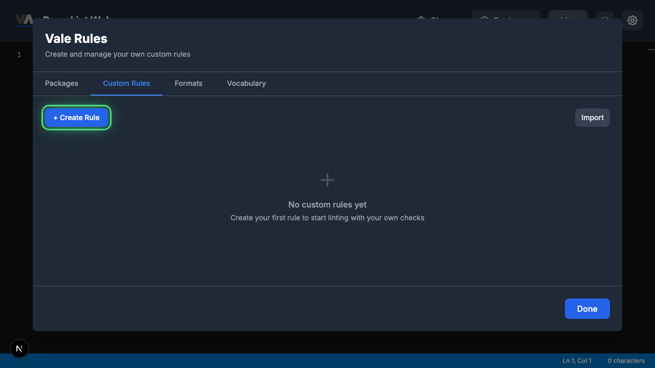 Custom Rules tab with the Create Rule button highlighted