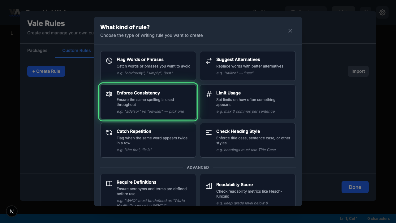 Rule type picker with Enforce Consistency highlighted
