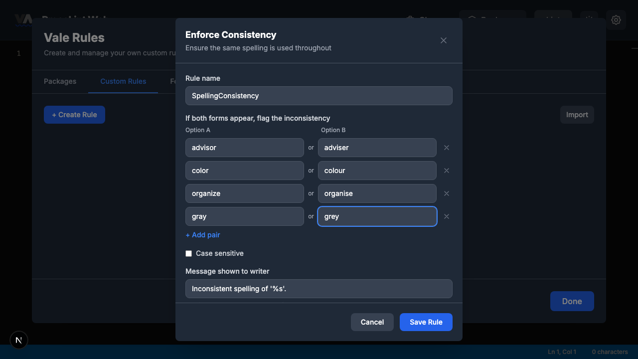 Filled rule builder with four consistency pairs