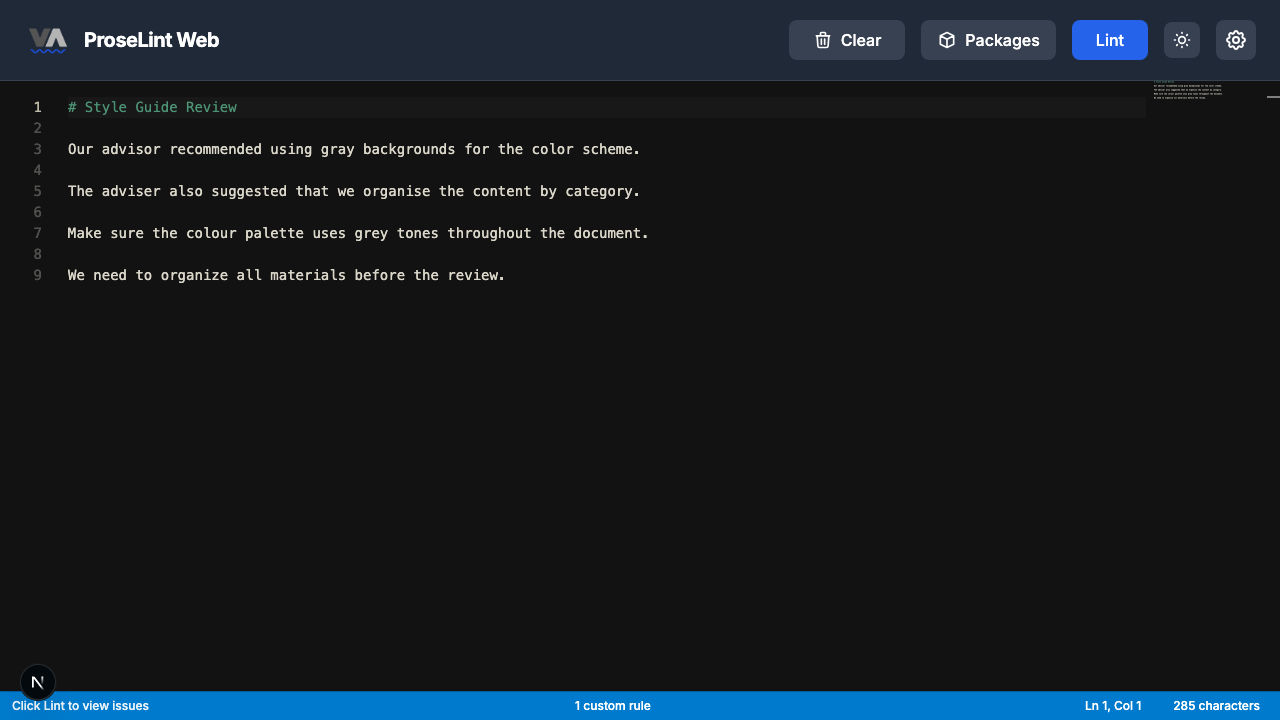 Editor with sample text containing inconsistent spellings