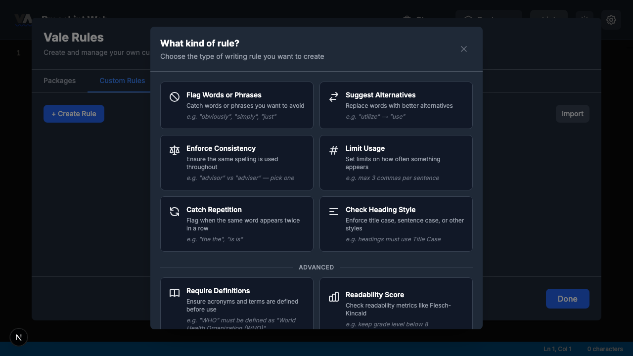 Rule type picker showing all eight Vale check types