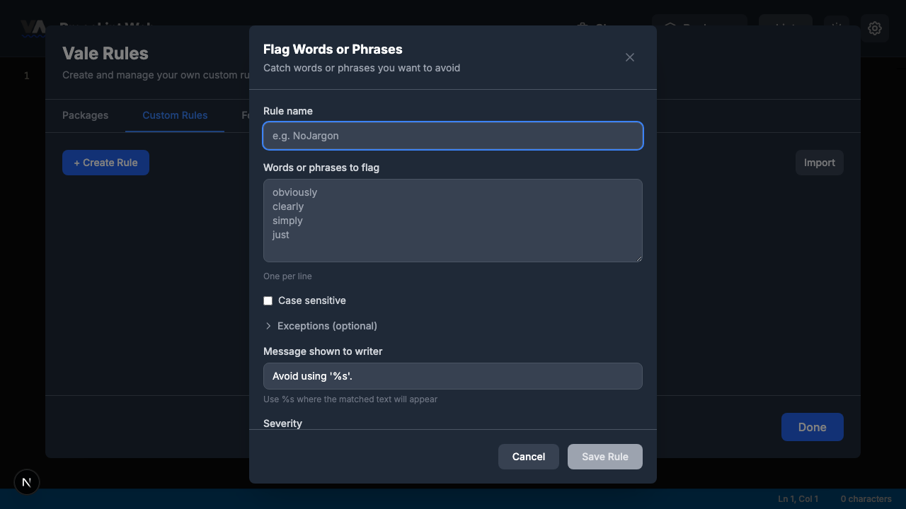 Empty rule builder form for Flag Words or Phrases