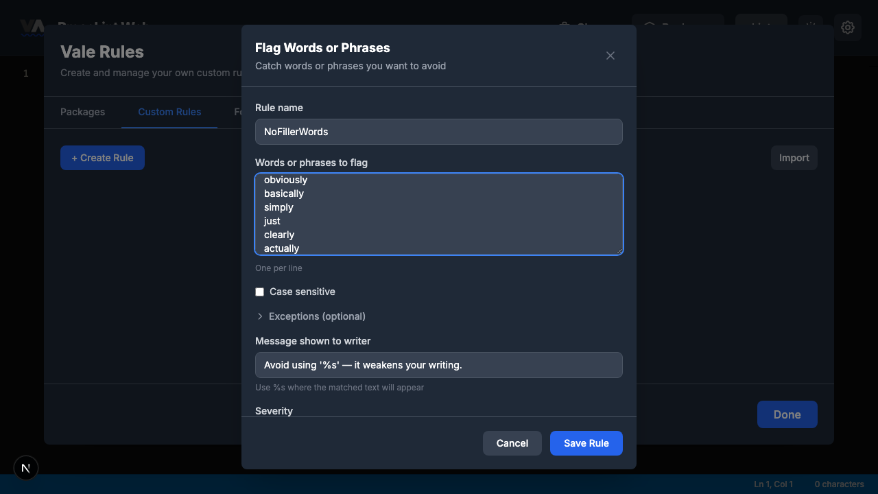 Rule builder with all fields filled in