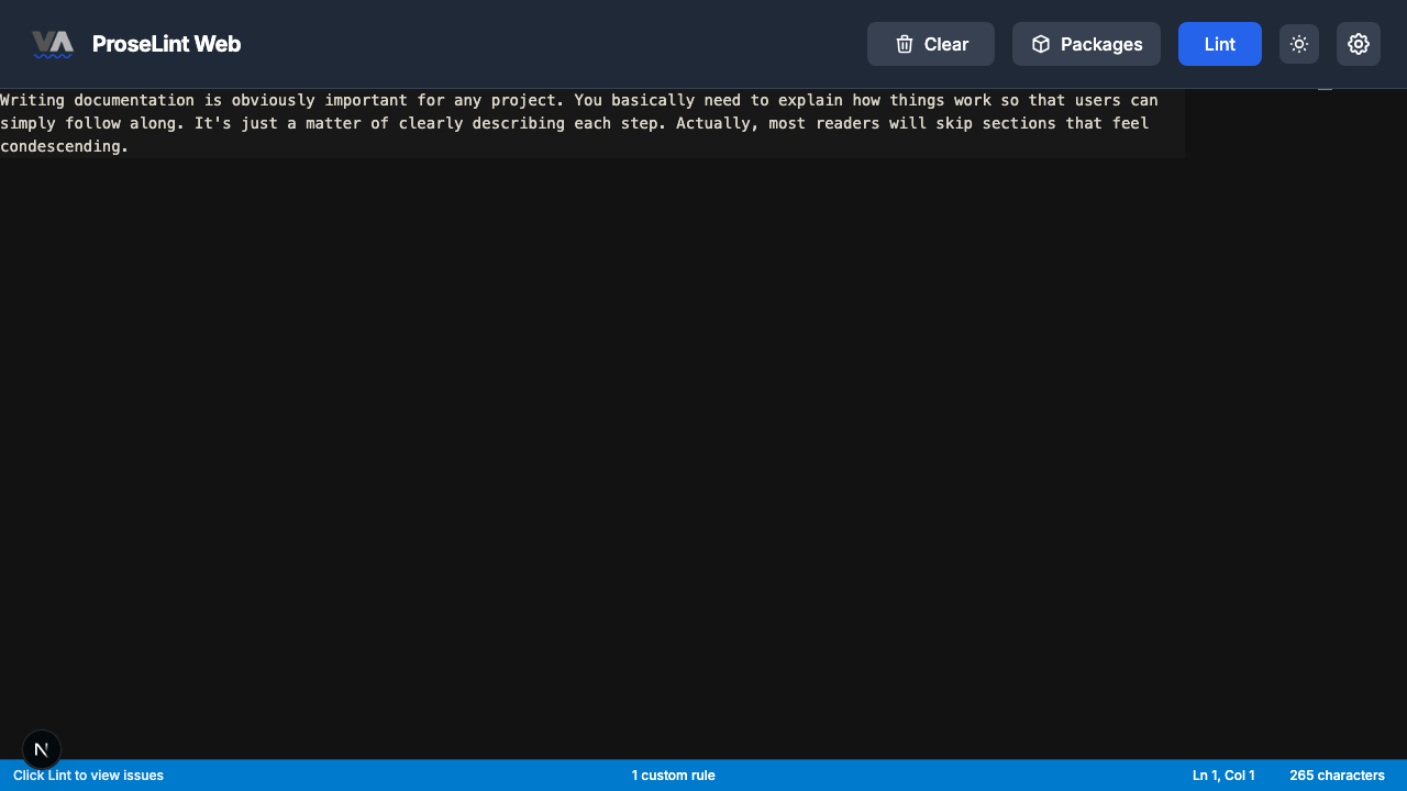 Editor with sample text containing filler words