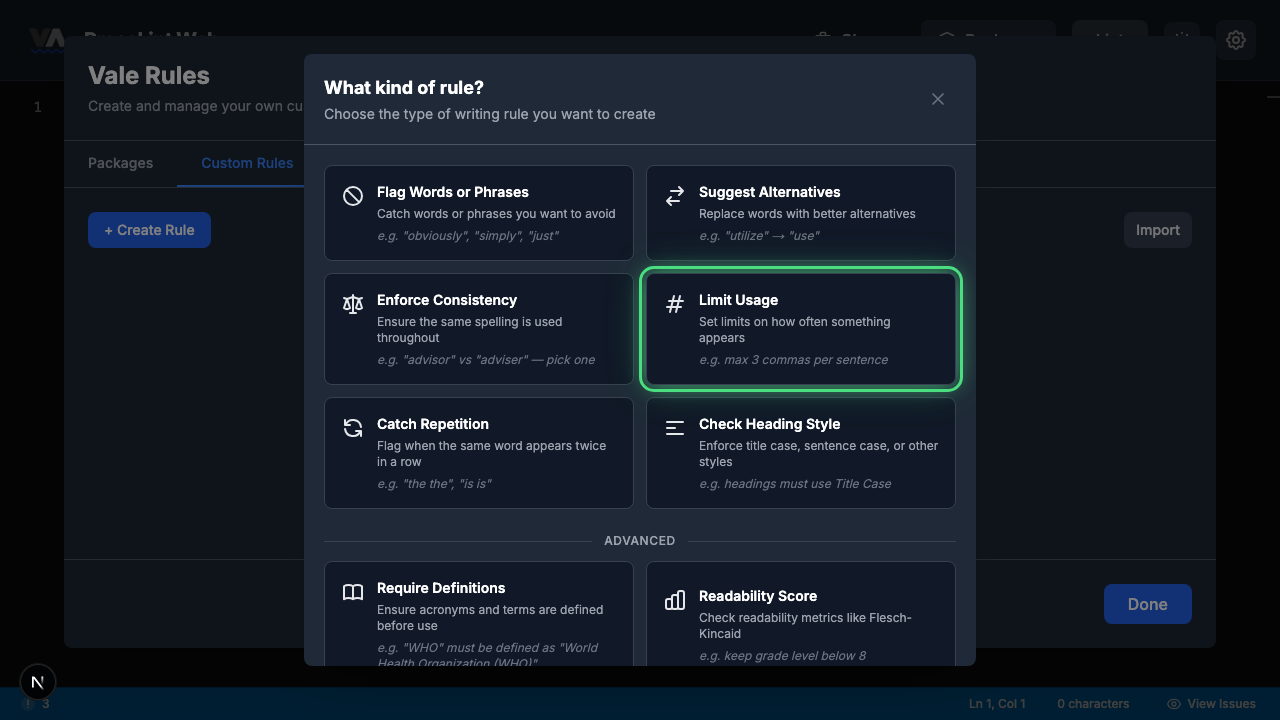 Rule type picker with Limit Usage highlighted