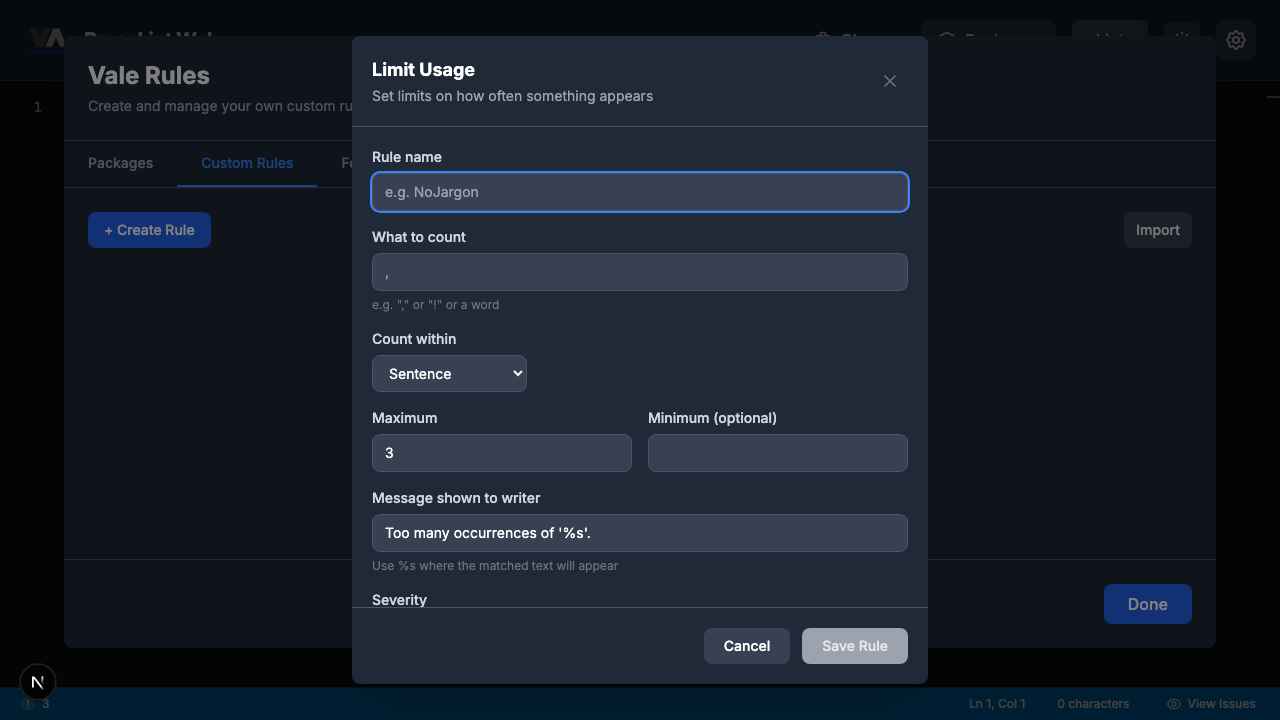 Empty Limit Usage rule builder form