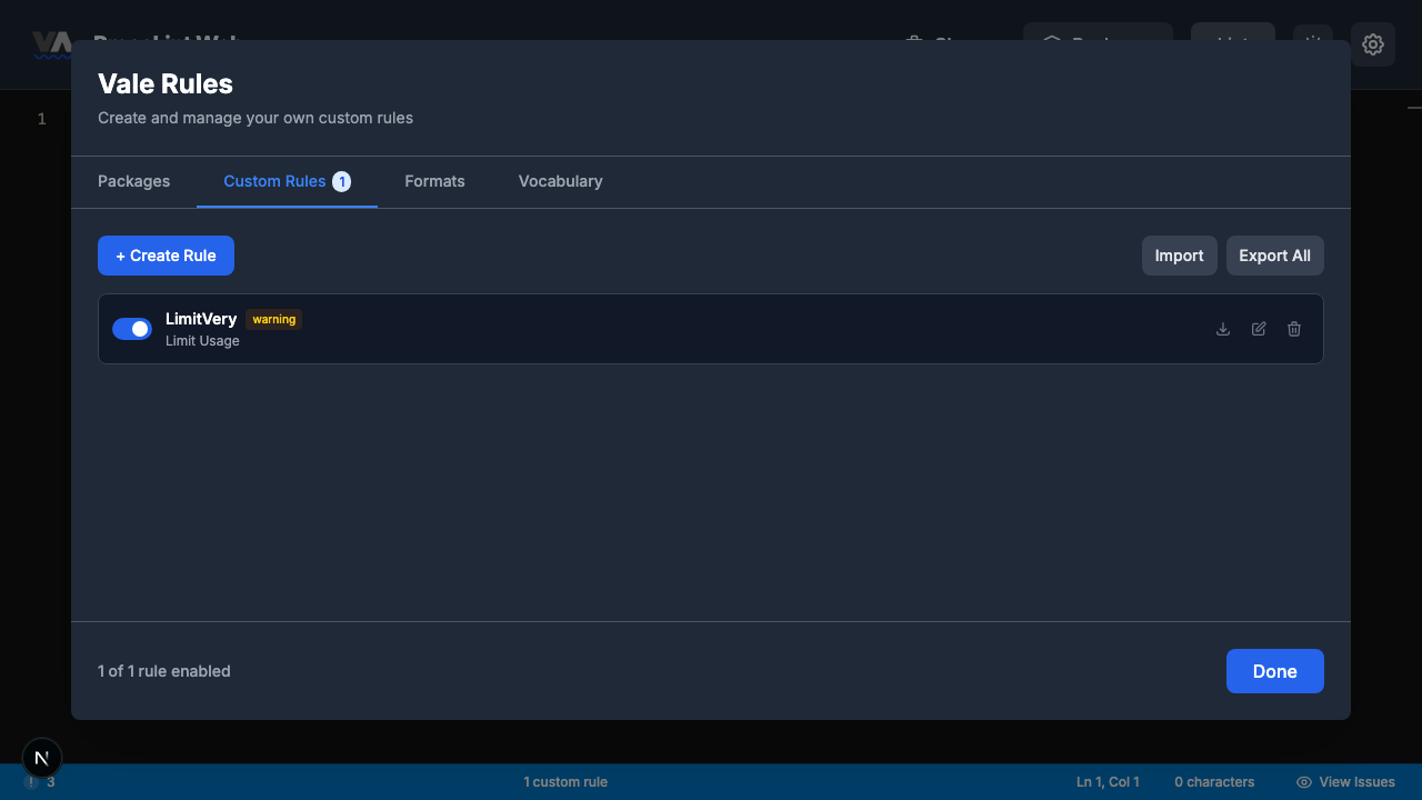 Custom Rules tab showing saved LimitVery rule