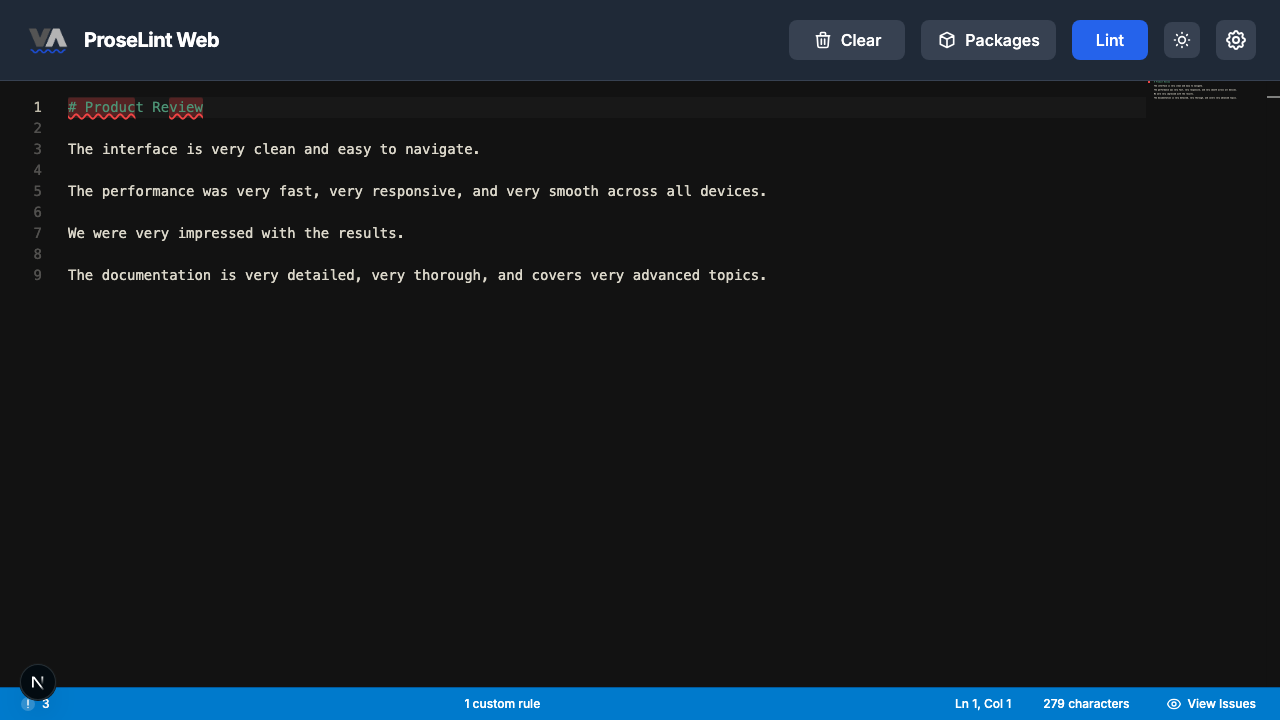 Editor with sample text overusing the word very