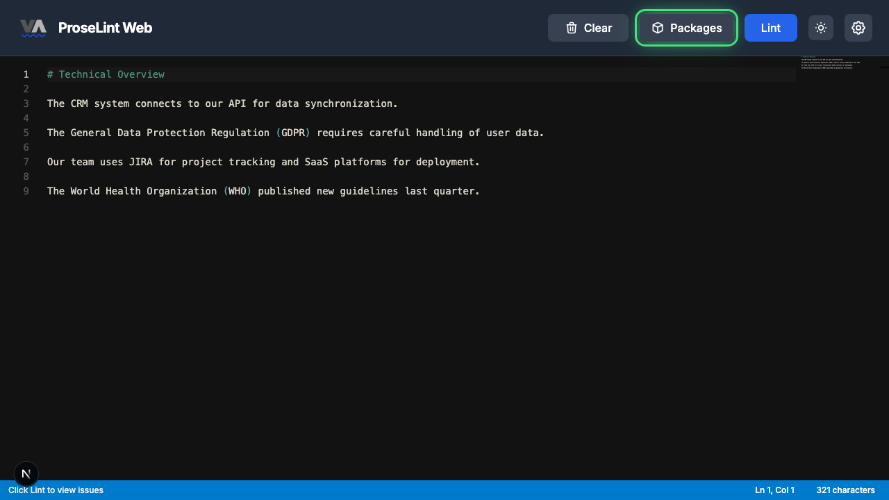 Clean editor with the Packages button highlighted