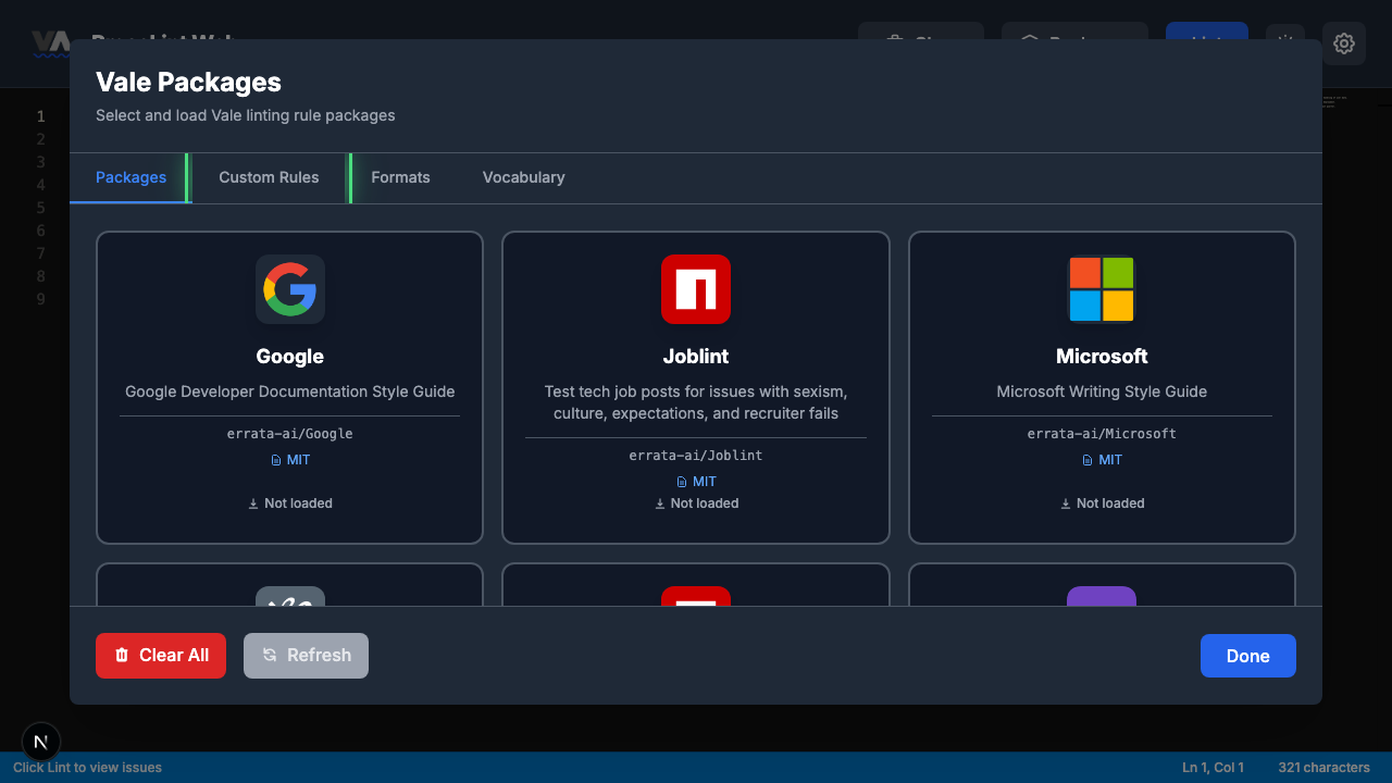 Packages modal with the Custom Rules tab highlighted