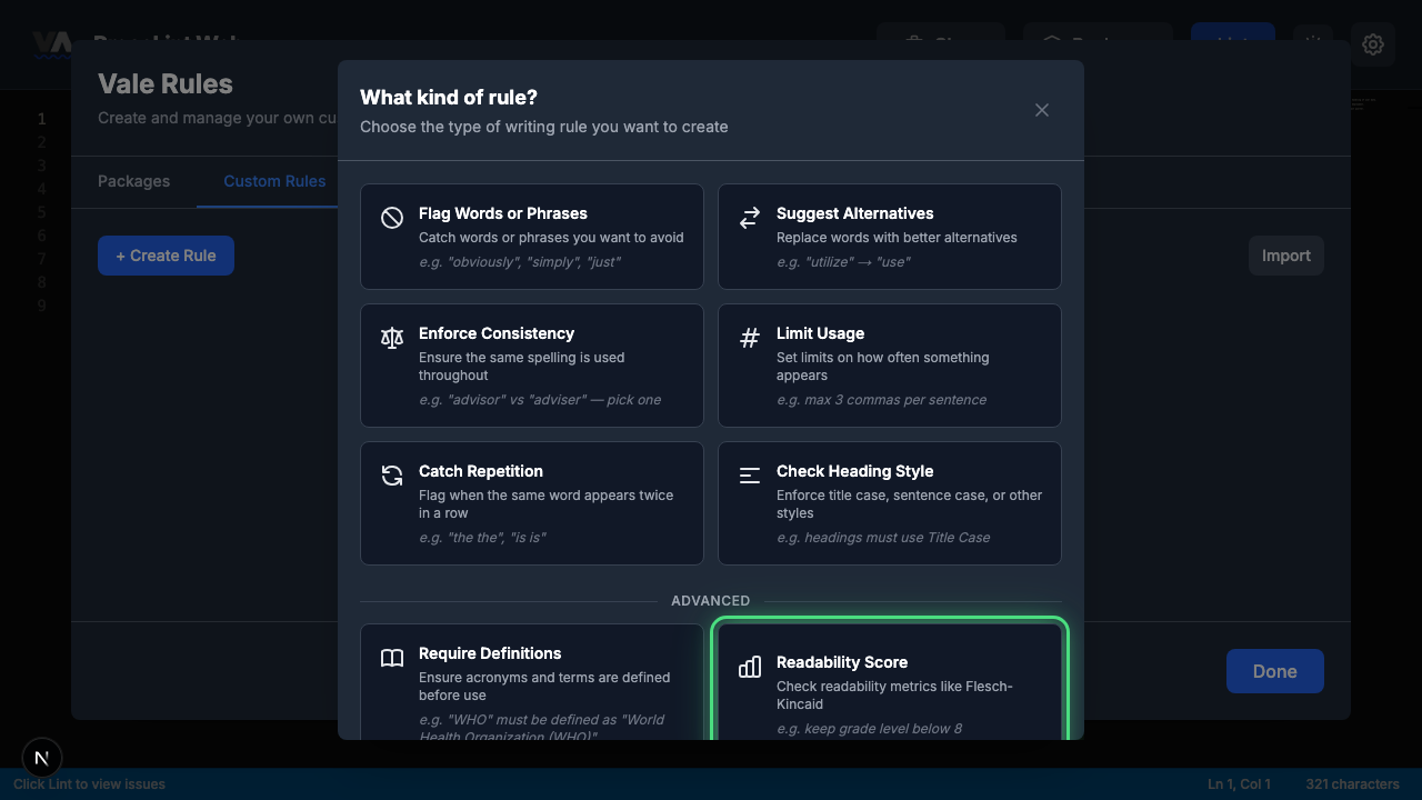 Rule type picker with Readability Score highlighted