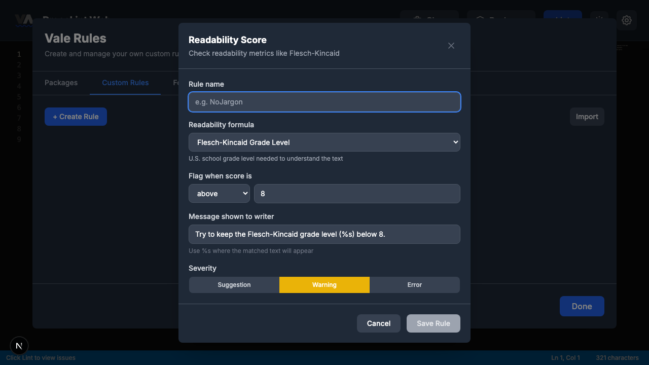 Empty Readability Score rule builder form
