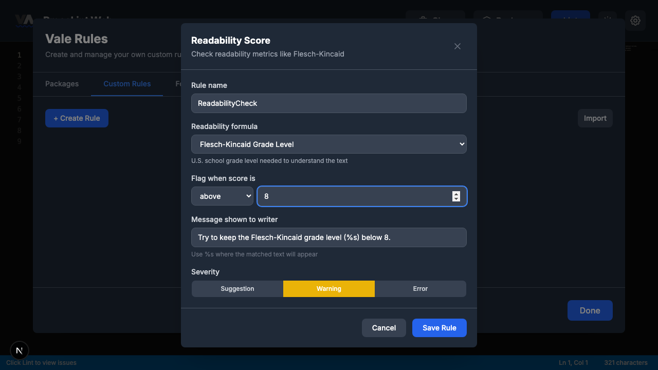 Filled rule builder for ReadabilityCheck