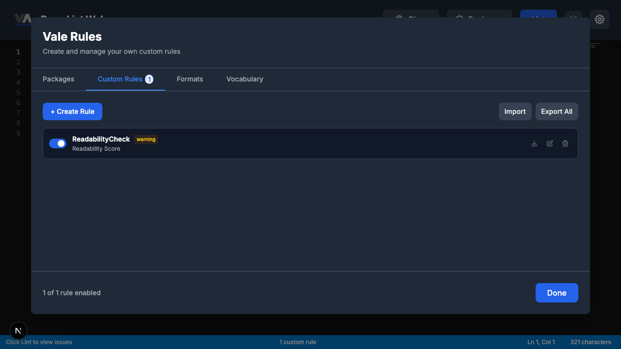 Custom Rules tab showing saved ReadabilityCheck rule