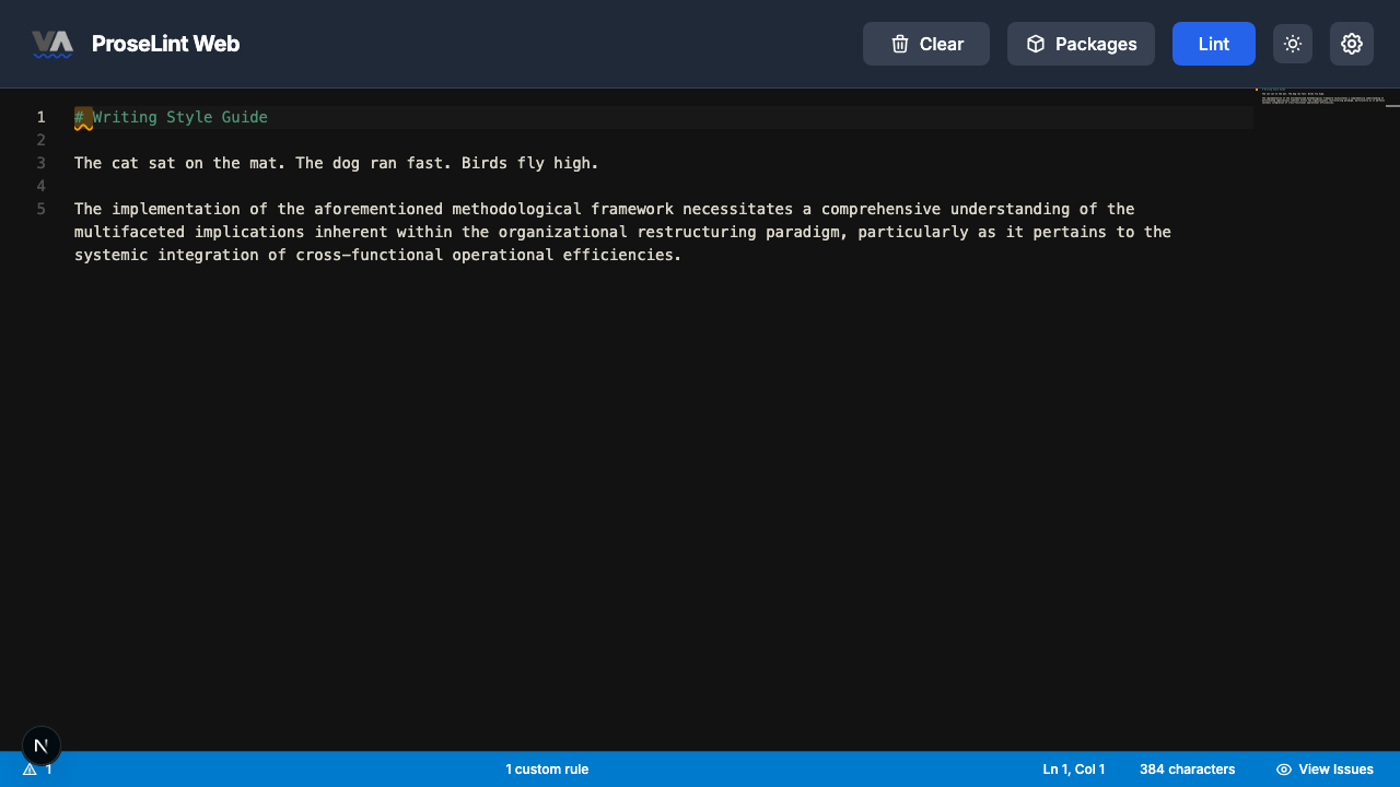 ProseLint Web showing readability warnings from a custom ReadabilityCheck rule