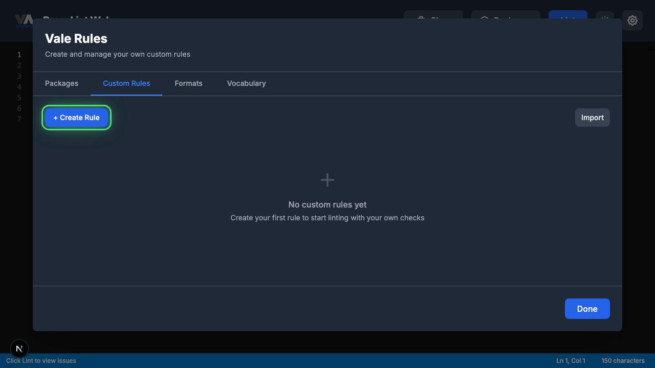 Custom Rules tab with the Create Rule button highlighted