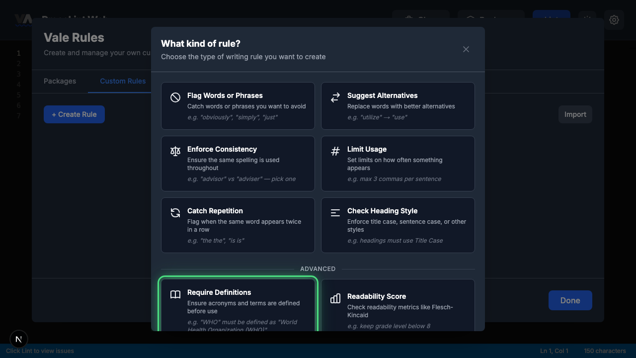 Rule type picker with Require Definitions highlighted
