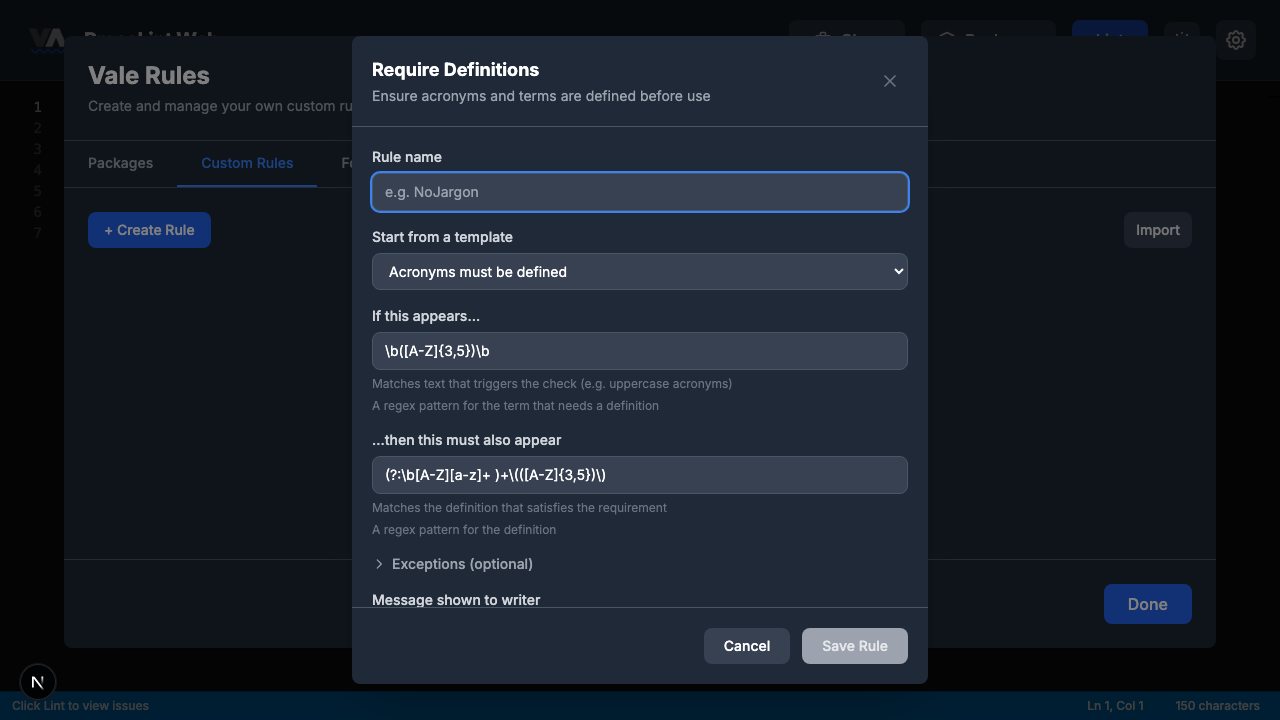 Empty Require Definitions rule builder form