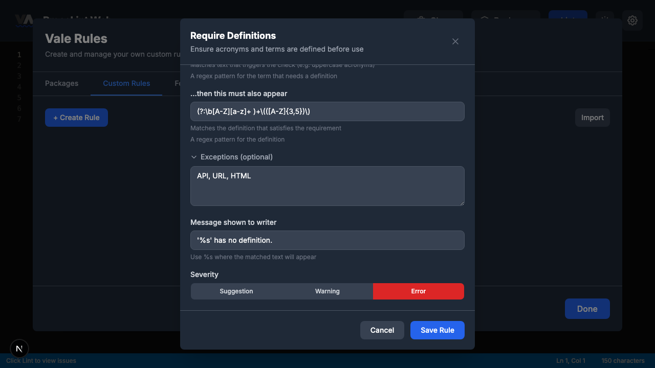 Filled rule builder for DefineAcronyms