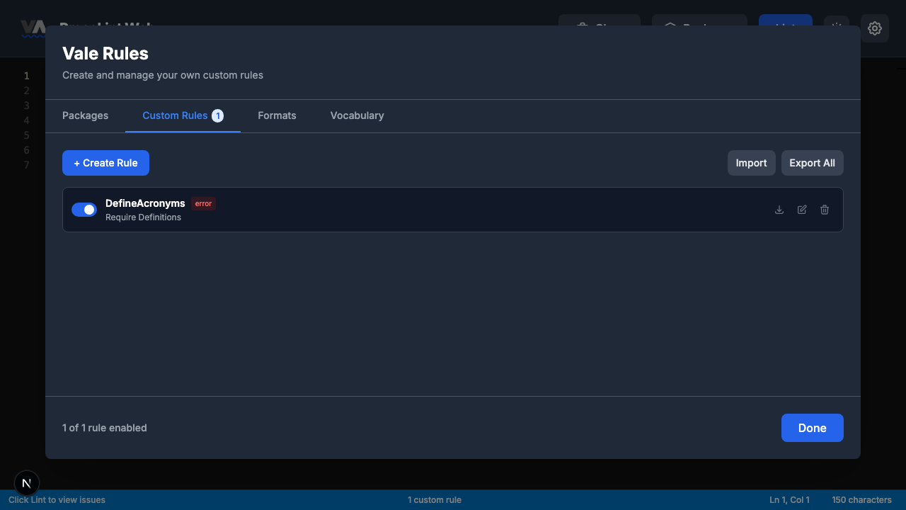 Custom Rules tab showing saved DefineAcronyms rule