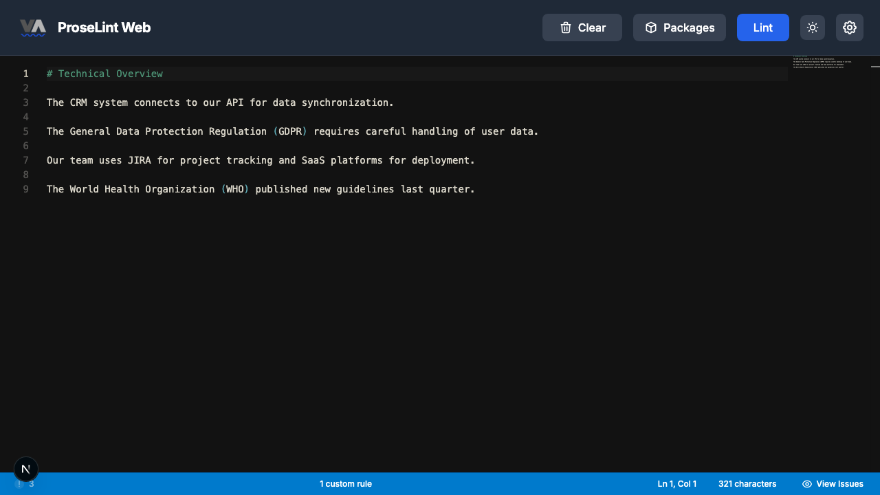 ProseLint Web showing undefined acronym errors from a custom DefineAcronyms rule