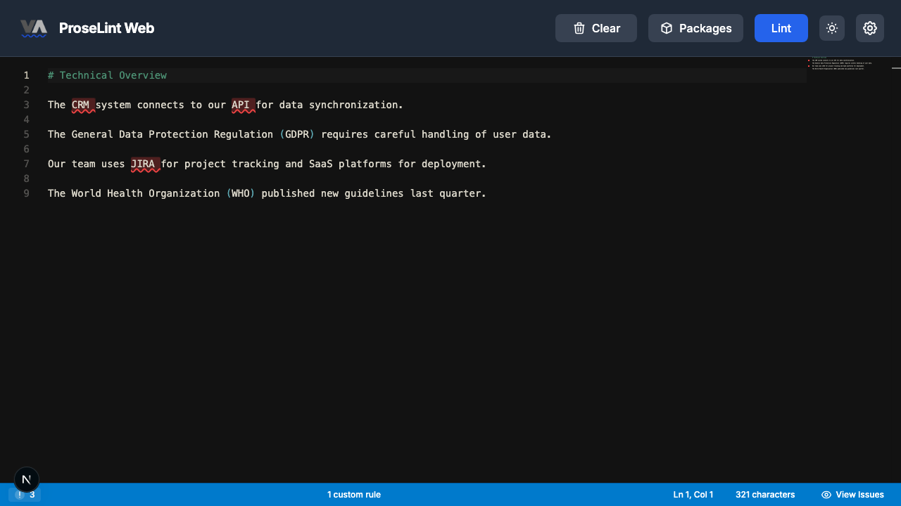 Issues panel showing undefined acronym errors