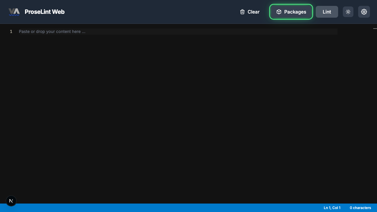 Clean editor with the Packages button highlighted