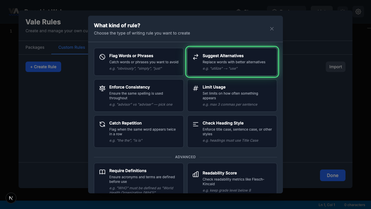 Rule type picker with Suggest Alternatives highlighted