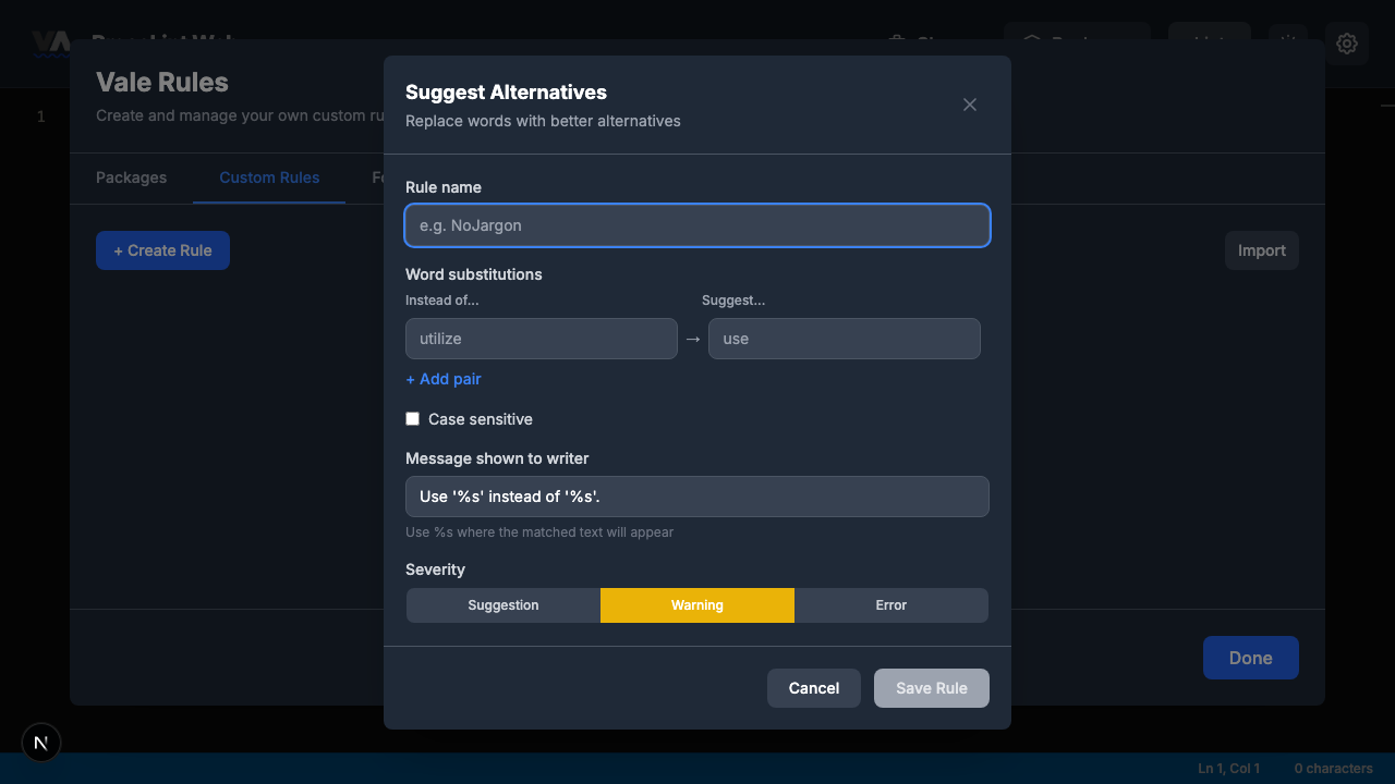 Empty Suggest Alternatives rule builder form