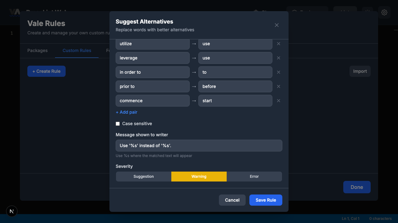 Filled rule builder with five substitution pairs and Save Rule highlighted