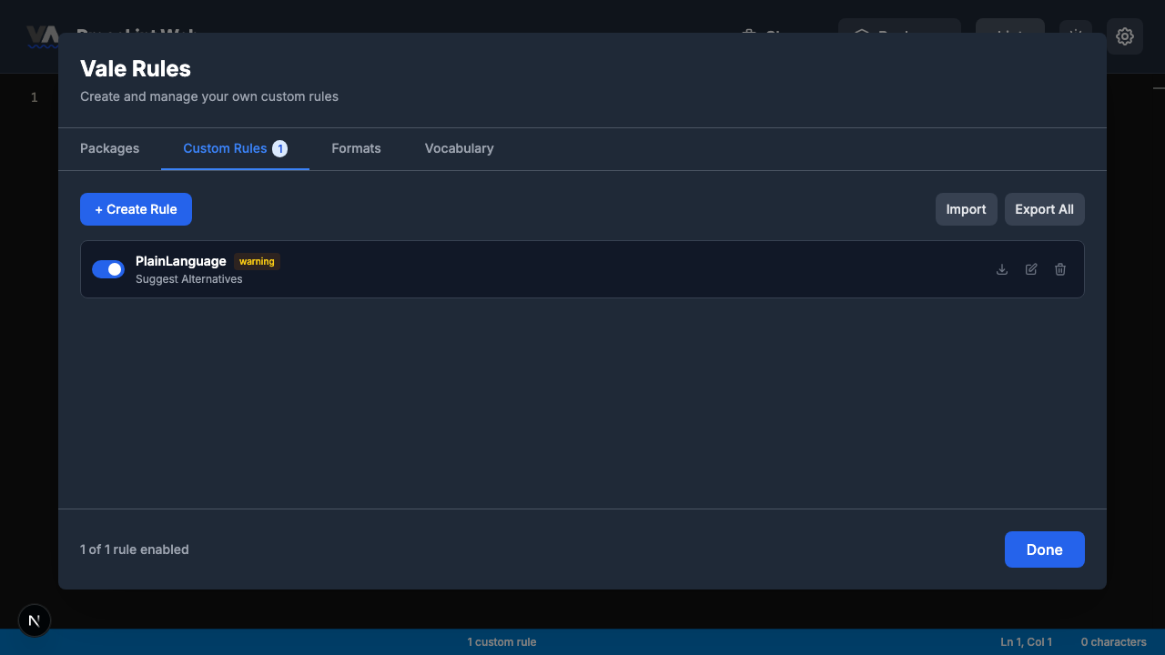 Custom Rules tab showing saved PlainLanguage rule with Done highlighted