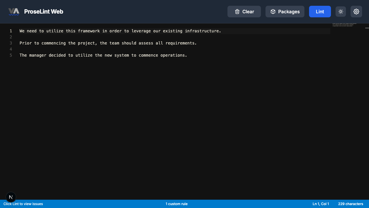Editor with sample text containing jargon words