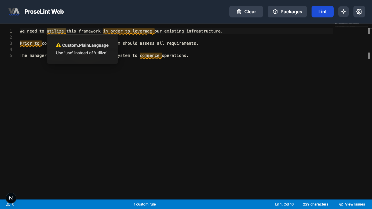 Hover popover showing "Use 'use' instead of 'utilize'."