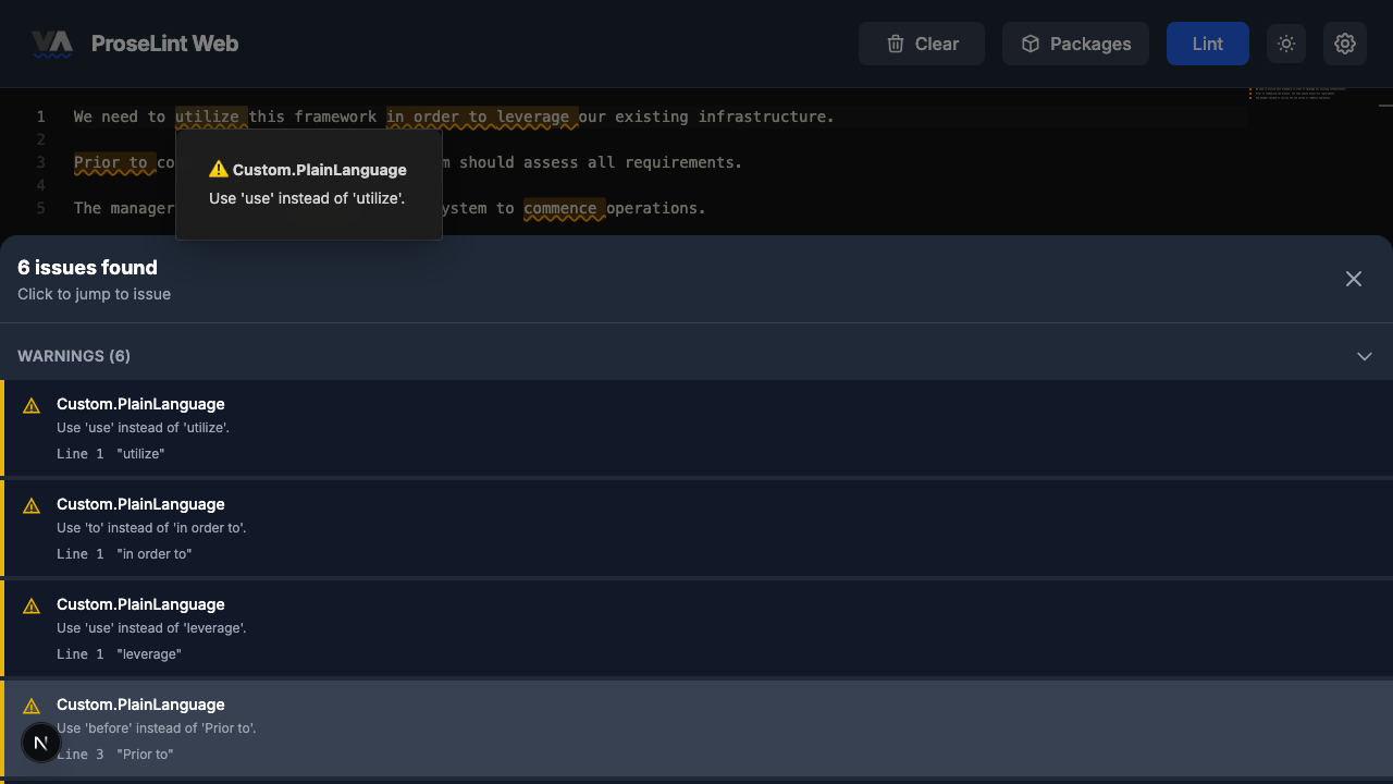 ProseLint Web showing five substitution warnings from a custom PlainLanguage rule