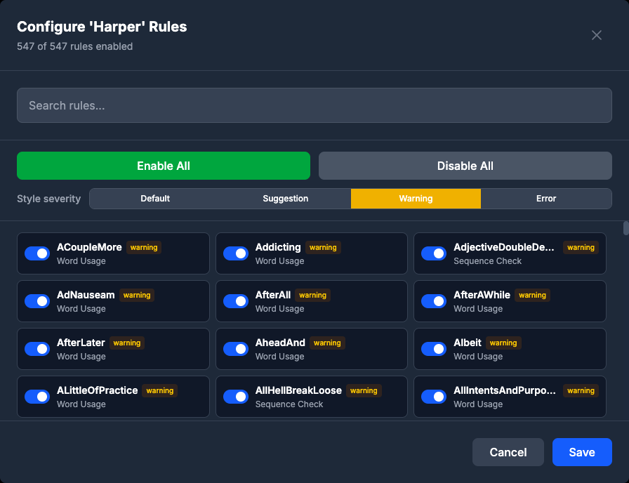 Rule settings for the Harper package with a style severity switch for suggestion, warning, or error